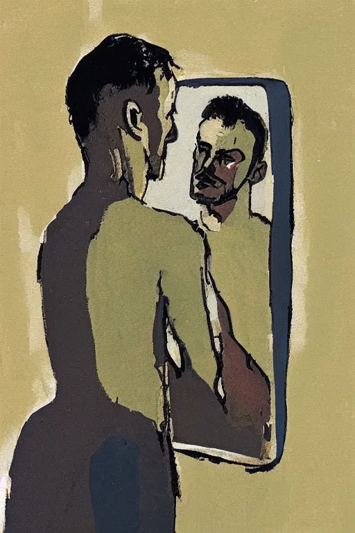 Image similar to man looking into a mirror, 1960’s minimalist advertising illustration, painterly, expressive brush strokes