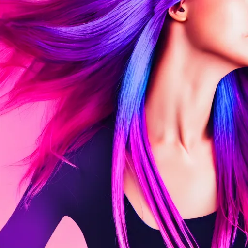 Image similar to a award winning action upper body portrait of a beautiful woman with a ombre purple pink hairstyle with head in motion and hair flying, choker, outrun, vaporware, vivid colors, highly detailed, fine detail, intricate