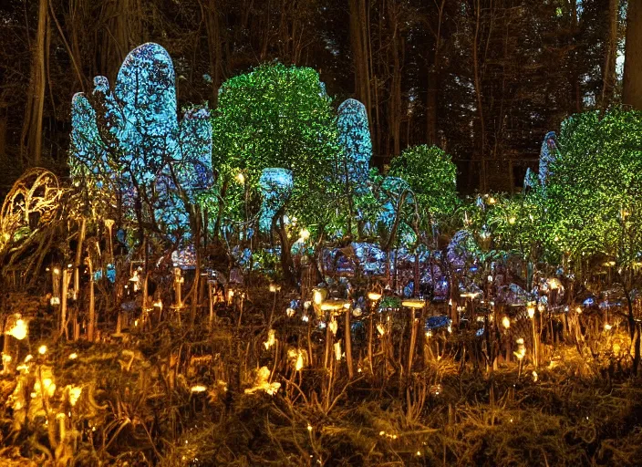 a magical forest with crystal flowers that glow in the