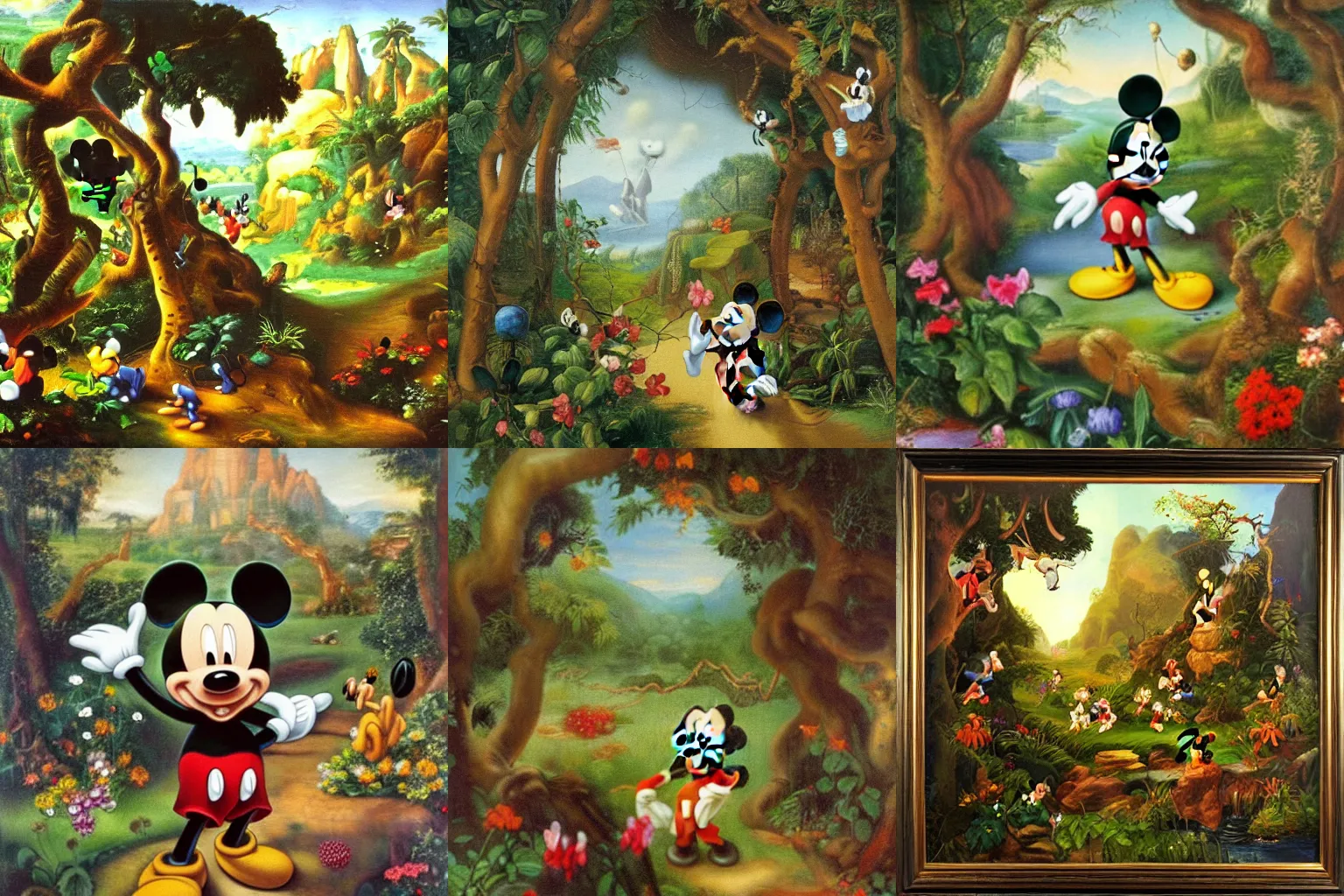 Image similar to mickey mouse entering the garden of eden, oil painting, masterpiece