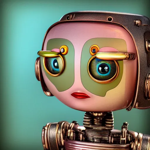 Image similar to closeup portrait of tin toy retro robot doll, depth of field, f 3 2, zeiss lens, detailed, centered, fashion photoshoot, by nicoletta ceccoli, mark ryden, lostfish, breathtaking, 8 k resolution, extremely detailed, beautiful, establishing shot, artistic, hyperrealistic, octane render