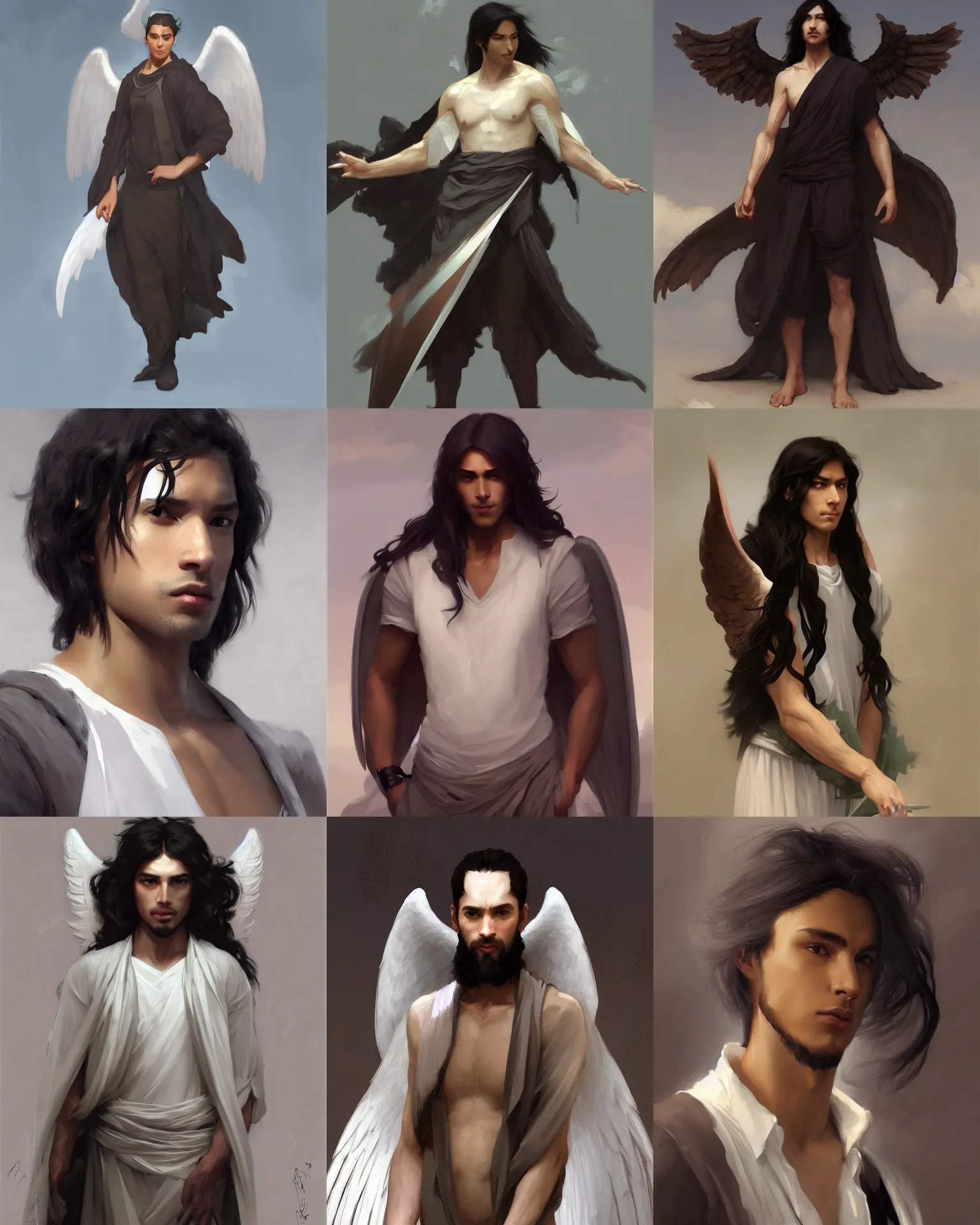 Prompt: character concept portrait of a handsome male angel with brown skin and long black hair, and large white wings. Modern clothes. Digital painting, concept art, smooth, sharp focus, illustration, by Ruan Jia and Mandy Jurgens and Artgerm and William-Adolphe Bouguereau