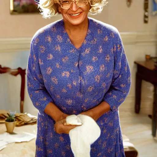 Prompt: A movie still of Beyonce as Mrs Doubtfire, dynamic lighting, smiling, 8k, 2022 picture of the year