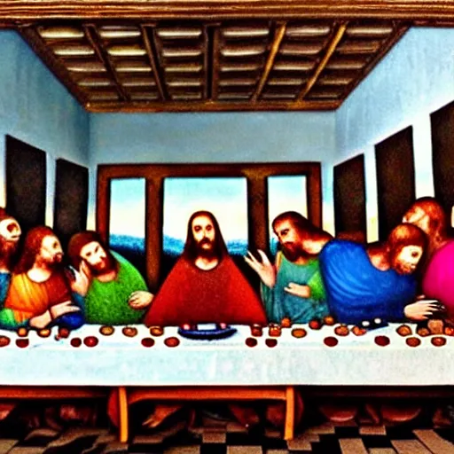 Prompt: the last supper with an alien sitting in the middle of the table