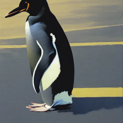 Image similar to a highly detailed beautiful portrait of a beautiful penguin crossing the road by yoji shinkawa, by gregory manchess, james gurney, james jean