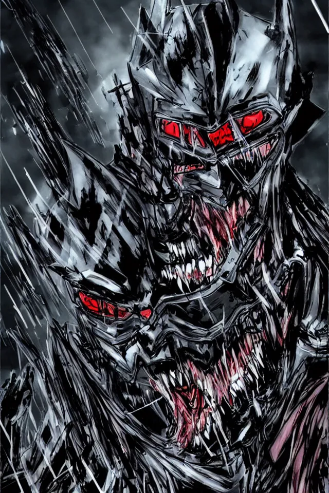 Prompt: The Batman Who Laughs Battles Batman In Hell, Yasushi Nirasawa Cartoon Anime Style