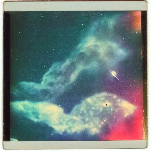 Image similar to vintage polaroid of a woman floating in deep space, detailed clouds, nebula, planets, galaxies, warm azure tones, red color bleed, film grain