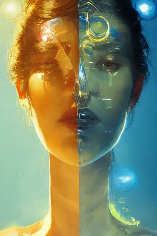 Prompt: 3 d, sci - fi, sun rays, sleepy fashion model face, blue faces, cinematic, vogue cover style, poster art, light yellow and deep blue mood, realistic painting, intricate oil painting, high detail, figurative art, multiple exposure, poster art, 3 d, by tooth wu and wlop and beeple and greg rutkowski