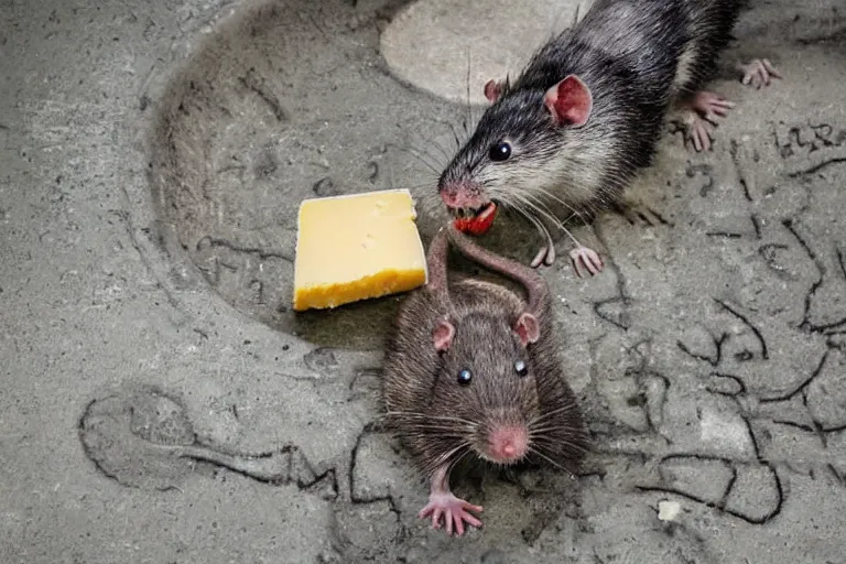 Prompt: a giant rat eating cheese in a sewer, photograph, terror, horror, mutant,