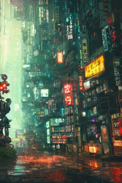 Image similar to cinematic photo of ancient overgrown cyberpunk tokyo with robot, night, rain, flowers, beautifully lit, hyperdetailed, unreal engine, photorealistic, denis villeneuve film look, blade runner set