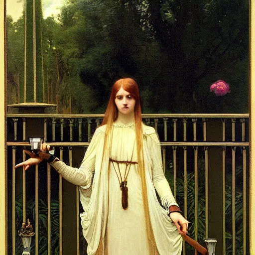 Image similar to A girl with on the front of a Balustrade porch with a hedge maze on the background, major arcana occult clothes, by paul delaroche, alphonse mucha and arnold böcklin arnold böcklin hyperrealistic 8k, very detailed