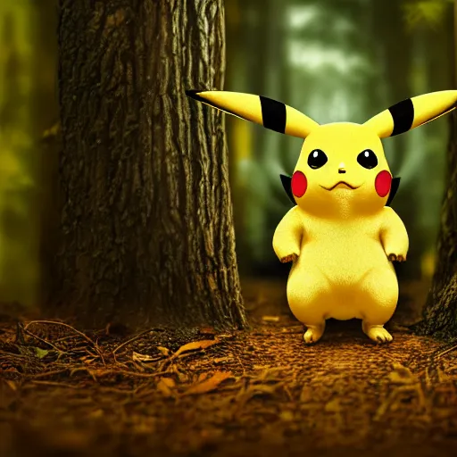 Image similar to very very intricate photorealistic photo of pikachu peeking through a tree in a forest, photo is in focus with detailed atmospheric lighting, award - winning details