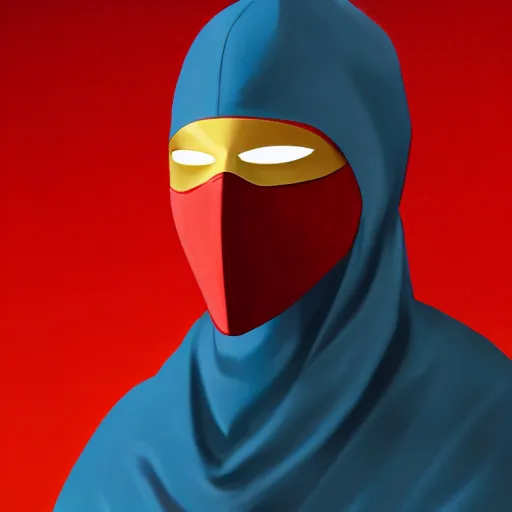 Image similar to portrait of a hero wearing a red mask covering his entire head, only his totally white eyes and mouth are visible, cyan background, golden cape, golden ear buds, golden eye rims, artstation, digital art, opengl