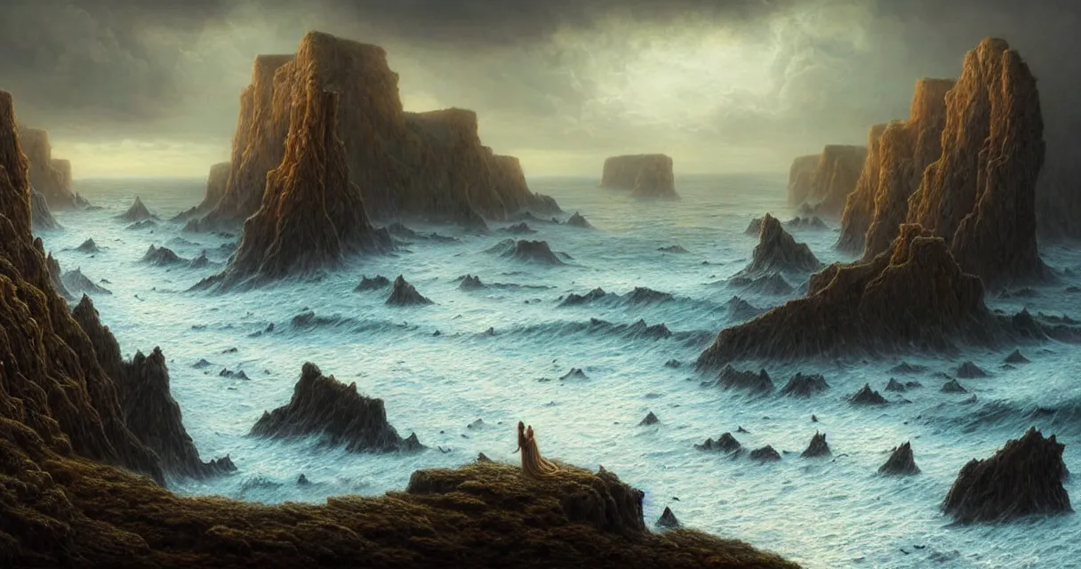 Image similar to epic professional digital art of hungry cliffside sea coastline, faint golden moody atmospheric lighting, painted, intricate, detailed, detailed, foreboding, by leesha hannigan, wayne haag, reyna rochin, ignacio fernandez rios, mark ryden, iris van herpen,, epic, stunning, gorgeous, much wow, cinematic, masterpiece.