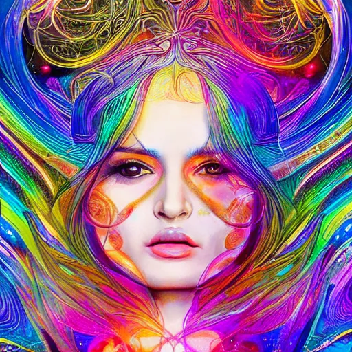 Prompt: a silk portrait of kim petras with her eyes closed, galaxy colored psychedelic chakra awakening kundalini ethereal vibes, transcending to a higher plane of existence, eternal blessing, multiverse, visionary art, by android jones, artstation, deviantart