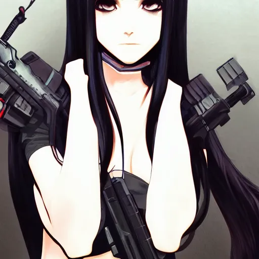 Image similar to upper body portrait of a beautiful girl with long black hair, wearing black riot gear, holding AR-15, drawn by WLOP, by Avetetsuya Studios, attractive character, colored sketch anime manga panel, trending on Artstation