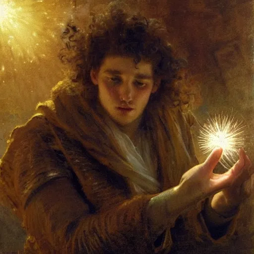 Prompt: a handsome young man with curly brown hair summons a ball of light into his hand. dramatic. cinematic. holy. saintly. demigod. lord of light. gaston bussiere. geoffroy thoorens