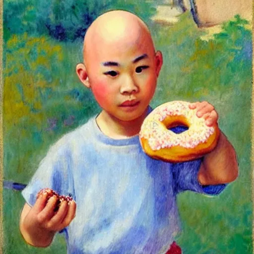 Prompt: bald chinese boy holding a donut, impressionist painting art