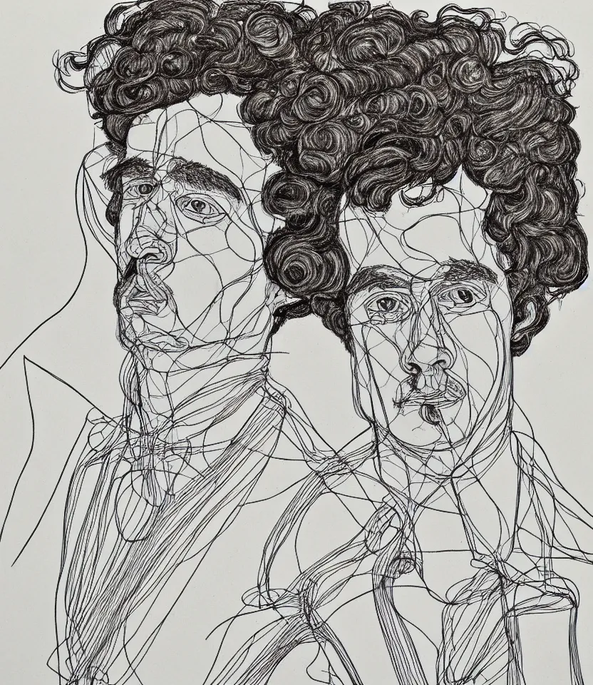 Image similar to elegant line art portrait of evard grieg. inspired by egon schiele. contour lines, musicality, twirls, curls and curves, strong personality, staring at the viewer