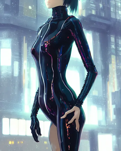 Prompt: kyoto animation, cool girl wearing cyberpunk intricate catsuit, beautiful, detailed portrait, cell shaded, 4 k, concept art, by wlop, ilya kuvshinov, artgerm, krenz cushart, greg rutkowski, pixiv. cinematic dramatic atmosphere, sharp focus, volumetric lighting, cinematic lighting, studio quality