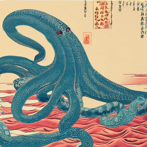 Image similar to CGI of giant octopus overlayed on ocean ukiyo-e background