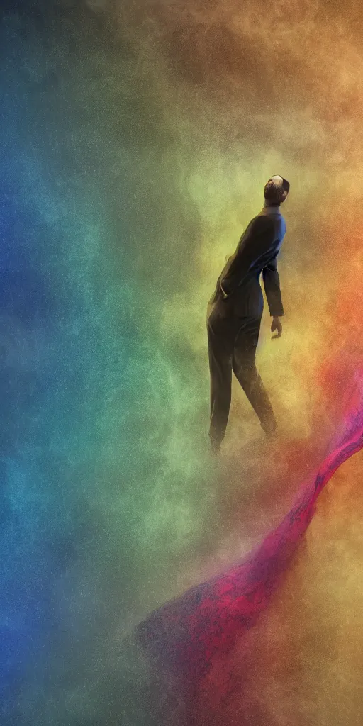 Image similar to faceless man in a multicolored metallic suit, hidden behind torn cloth swirling violently, abstract cloth simulation, tattered fabric, rags, ragged, ephemeral, gradients, hyperdetailed, hyper realistic, Cozy, soft light, caustic, atmospheric fog, Octane Render, cinematic