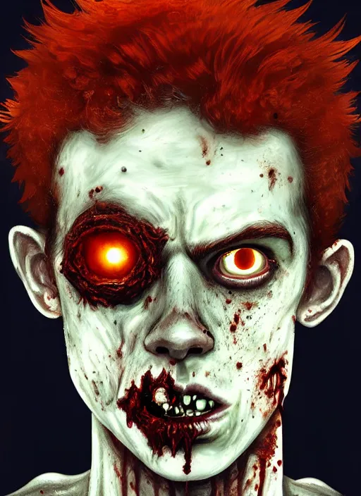 Image similar to portrait of zombie teenage archie andrews, red hair, curly hair, curly middle part, freckles, photorealistic, zombie, rotting skin, blind eyes, white eyes, zombie, intricate, elegant, orange, glowing lights, highly detailed, digital painting, artstation, concept art, sharp focus, illustration, art by wlop, mars ravelo and greg rutkowski