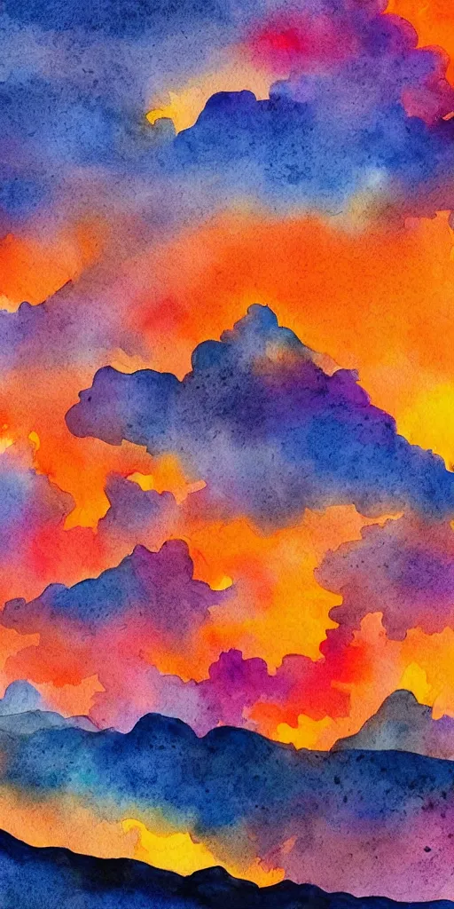 Image similar to high quality digital water color painting of idyllic vivid colorful orange purple red magical storm clouds above a mountain range