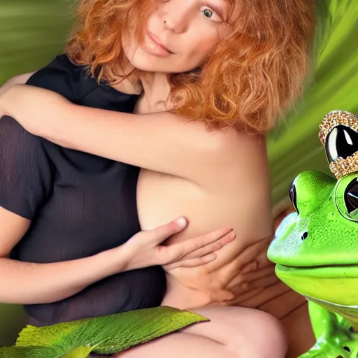 Image similar to a beautiful buxom woman kissing a frog prince, he is sitting in the palm of her hand, she is leaning over, her skin has a glow to it, she also has strawberry blonde hair, refined spontaneity, high - res