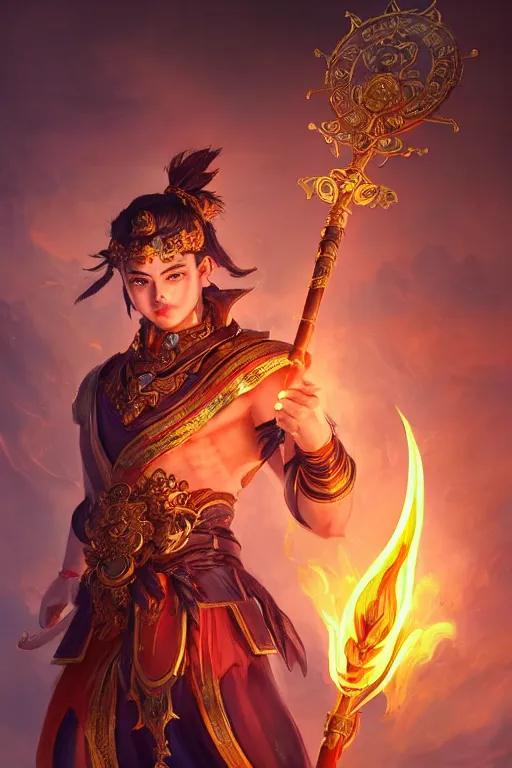 Image similar to a masterpiece portrait of nezha, legendary god holding spear, boy, flame everywhere, epic pose, fantasy character portrait, closeup shot, hyper detailed, digital painting, 8 k realistic, trending on artstation, sharp focus, dof, by fenghua zhong, artgerm, ne zha from smite, jeff easley, raymond swanland