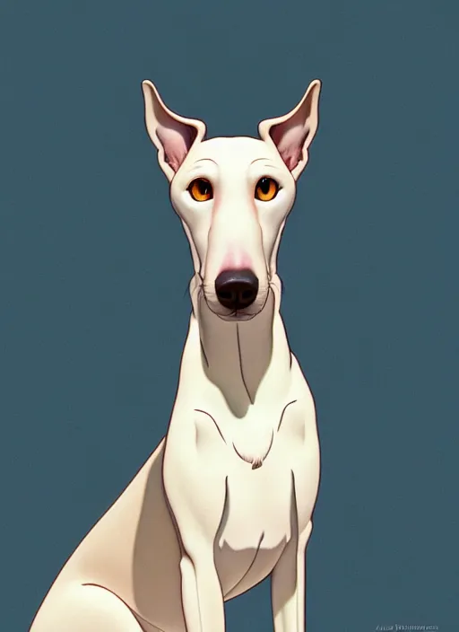 Image similar to cute white brown greyhound happy, natural lighting, path traced, highly detailed, high quality, digital painting, by don bluth and ross tran and studio ghibli and alphonse mucha, artgerm