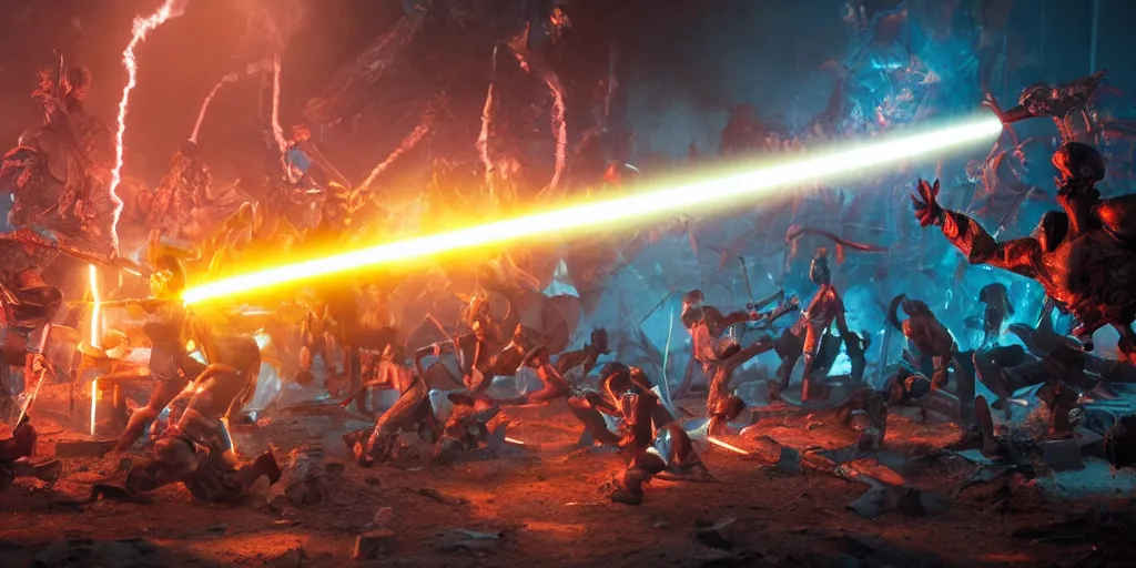 Image similar to epic battle scene statues versus cyan laser beams, the last stand, black studio background, highly detailed, sharp focus, 8k, 35mm, cinematic lighting