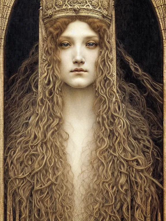 Image similar to detailed realistic beautiful young medieval queen face portrait by jean delville, gustave dore and marco mazzoni, art nouveau, symbolist, visionary, gothic, pre - raphaelite. horizontal symmetry