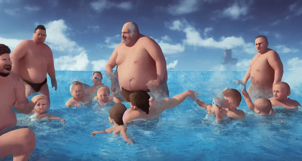 Prompt: digital art painting of exactly three adult brothers and their slightly overweight older father in an icelandic swimming pool , unreal 5, DAZ, hyperrealistic, octane render, volumetric clouds dynamic lighting