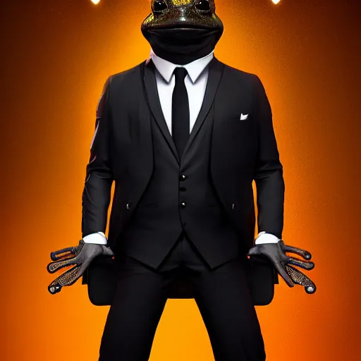 Image similar to a bussines man frog in a black suit, cinematic lightning, 8 k, octane render, art station, matte painting, trending, 8 k