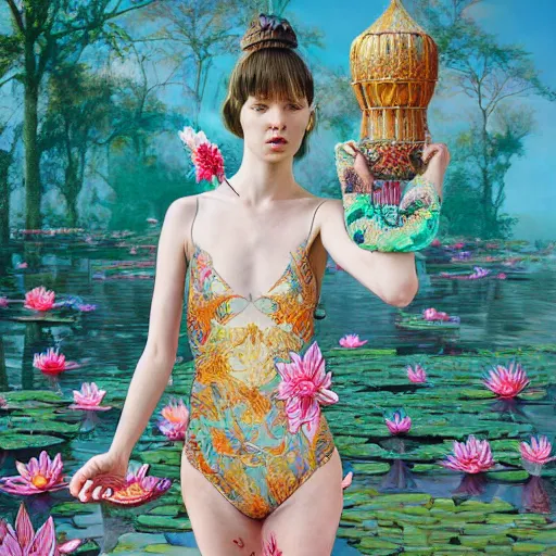 Image similar to pretty model with water lilies : : by martine johanna and simon stalenhag and chie yoshii and casey weldon and wlop : : ornate, dynamic, particulate, rich colors, intricate, elegant, highly detailed, vogue, harper's bazaar art, fashion magazine, smooth, sharp focus, 8 k, octane render