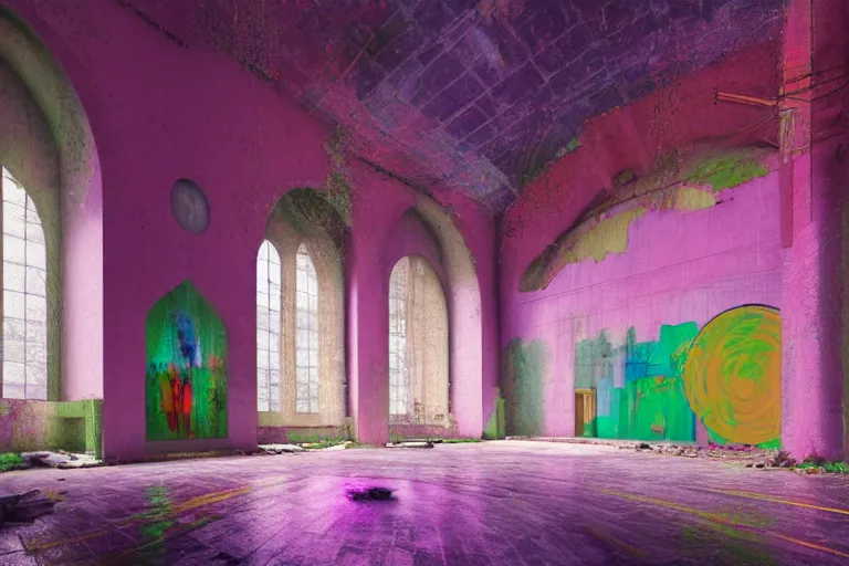 Prompt: abandoned 9 0 s monastery interior with large organic circular windows, rain like a dream, oil painting, cinematic, dramatic, volumetric lighting, cyberpunk, basquiat + francis bacon + gustav klimt + beeple, elevated street art, fantasy lut, textural, pink, blue, purple, green,