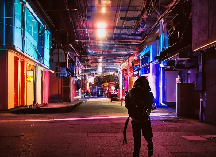 Image similar to photography of a Cat carrying a backpack . in a cyberpunk street. award winning photo, led lighting, night, 24mm, sharp, high res