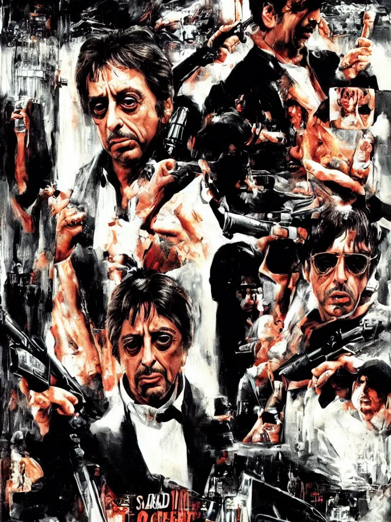 Image similar to medium shot. cogerent eyes. detailed face. al pacino as scarface. scarface movie. posterization.