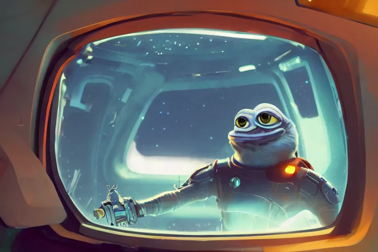 Image similar to a close up shot of pepe inside a spaceship, wadim kashin, simon stalenhag, 8 k, raw, featured in artstation, octane render, cinematic, elegant, intricate, 8 k