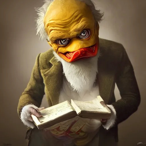 Image similar to hyperrealistic mixed media image of Scrooge McDuck, stunning 3d render inspired art by István Sándorfi and Greg Rutkowski, perfect facial symmetry, realistic, highly detailed attributes and atmosphere, dim volumetric cinematic lighting, 8k octane extremely hyper-detailed render, post-processing, masterpiece,
