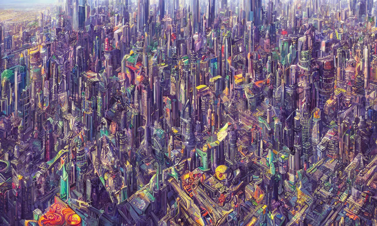 Prompt: futuristic city, illustration painting, oil on canvas, intricate, hd, digital art, overdetailed art, complementing colors, detailed, illustration painting by alex gray, digital art, moebius