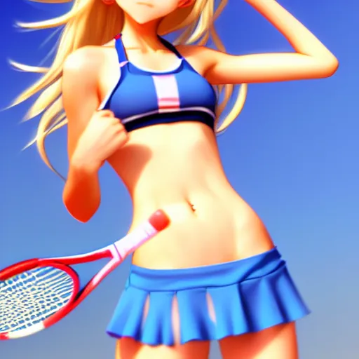 Image similar to a very beautiful young anime tennis girl, full body, long wavy blond hair, sky blue eyes, ( ( ( full round face ) ) ), short smile, bikini, miniskirt, front view, mid - shot, highly detailed, cinematic wallpaper by stanley artgerm lau
