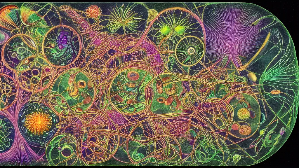 Prompt: quantum connections represented as symbiotic organisms like cells playing around with colorful lights by ernst haeckel, very very very good