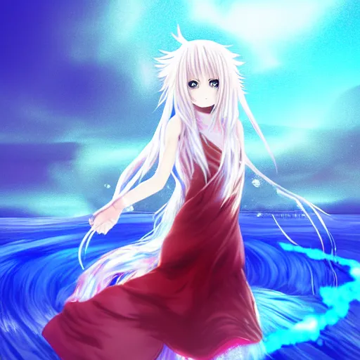 Image similar to glitched and crack sensor, advanced digital anime art, a very cute gorgeous teenage girl with a body made of fire and ice wearing a dress made of water , full body, very long snow colored hair, sky blue highlights in hair, red fiery watery eyes, full round face, dramatic cinematic lighting, highly intricately detailed, trending on pixiv, Artstation, painted by Rossdraws and the style of Sakimimichan