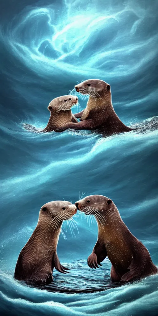 Image similar to An adorable Otter saving his wife from the whirlpool, in love holding hands side by side, in the middle of a super scary storm at sea, thunder, lightning, waves, fantasy illustration, cinematic, award winning, romantic, detailed trending on artstation, masterpiece