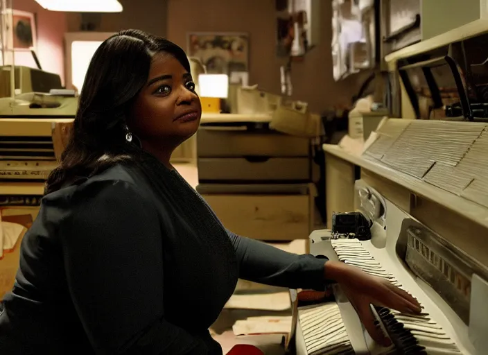 Image similar to cinematic shot of octavia spencer in an small used electronics store hands on an old electronic keyboard, iconic scene from the paranoid thriller sci fi film directed by pt anderson, anamorphic lens, beautiful composition, moody dark overhead lighting, color theory, leading lines, photorealistic, volumetric lighting, kodak film stock, hyper detailed 4 k image,