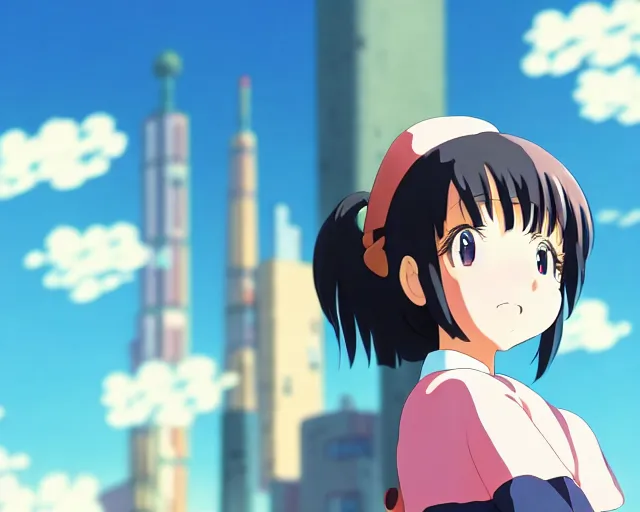 Image similar to anime fine details portrait of joyful school girl and big robot, city landscape on the background deep bokeh, profile close-up view, anime masterpiece by Studio Ghibli. 8k, sharp high quality anime