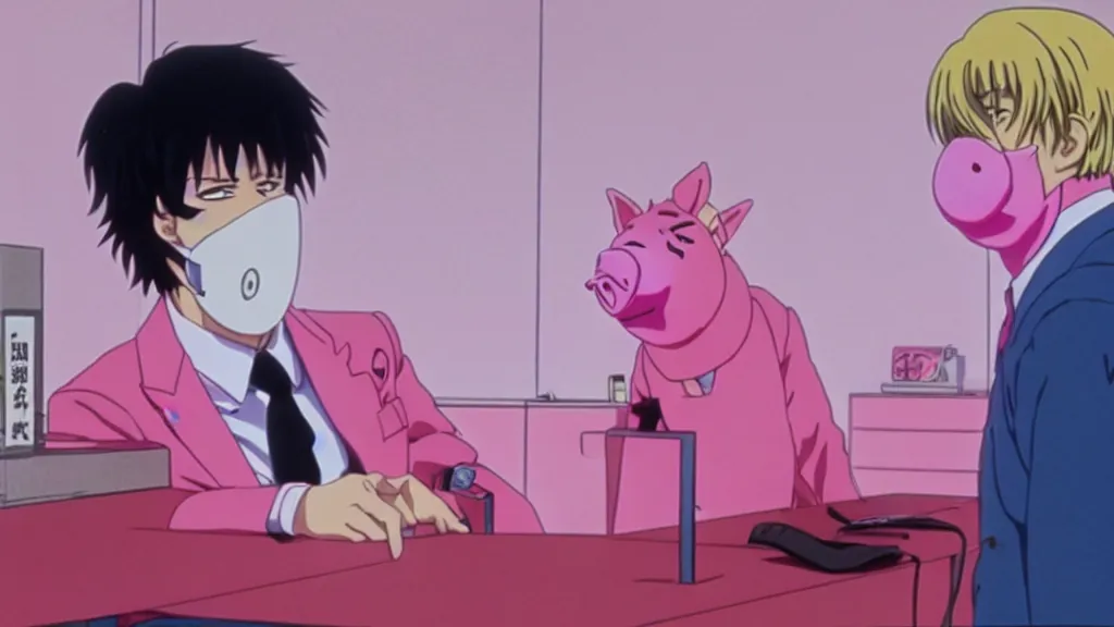 Image similar to a man wearing a pink suit and a pink pig mask sitting in an office, anime film still from the an anime directed by Katsuhiro Otomo with art direction by Salvador Dalí, wide lens