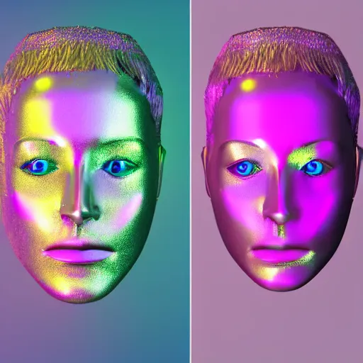 Image similar to 3d render of holographic human robotic head made of glossy iridescent, surrealistic 3d illustration of a human face non-binary, non binary model, 3d model human, cryengine, made of holographic texture, holographic material, holographic rainbow, concept of cyborg and artificial intelligence